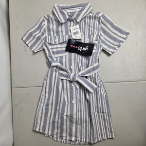 Striped Casual Short Sleeve Dress - Blue and White Girls Size 2-4T Button Down